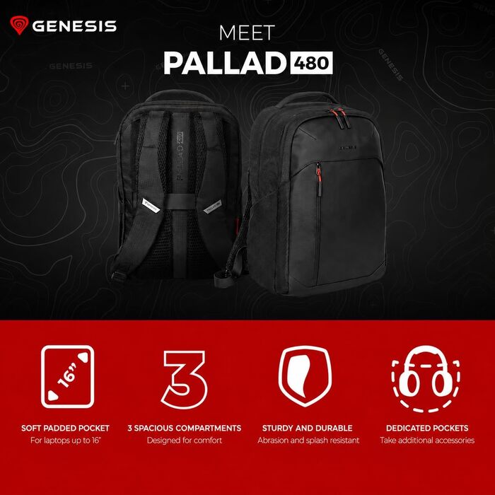Рюкзак для ноутбука Genesis Pallad 550, 17.3 дюйма, 24 л, 19 кишень, чорний