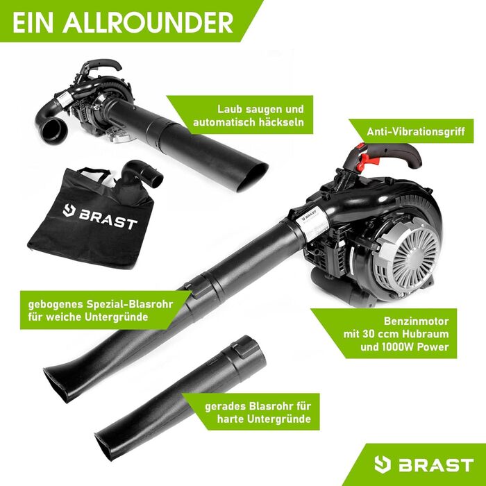 Бензиновий збирач листя BRST® Laubsauger Laubbläser 1,0kW (1,36PS) з мішком 55L, 2 насадки, ремінь та антивібраційний руків'я | 4в1 | Швидкість потоку 73 м/с