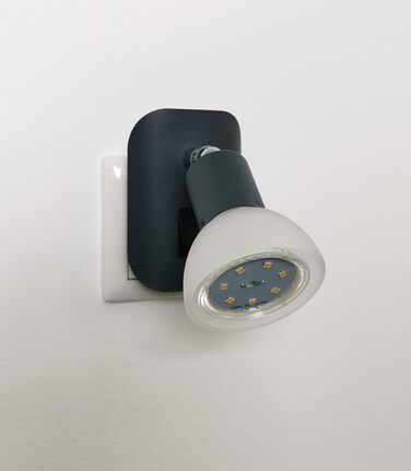 Trango 11-045 LED нічник з матовим антрацитовим корпусом і скляним абажуром, настінна лампа з GU10 LED 3000K теплий білий, з вимикачем, для читання та кухні, чорний матовий