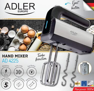 Ручний міксер ADLER AD 4225 INOX 800 Вт, 3 функції, кухонний міксер, чорний/сріблястий