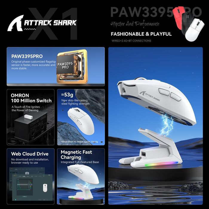 Ігрова миша Attack Shark X1 White: бездротова (BT/2.4G) та дротова, сенсор PixArt PAW3395PRO, 40000 DPI, вага 53г, з RGB док-станцією для зарядки, для Win11/Xbox/PS/Mac