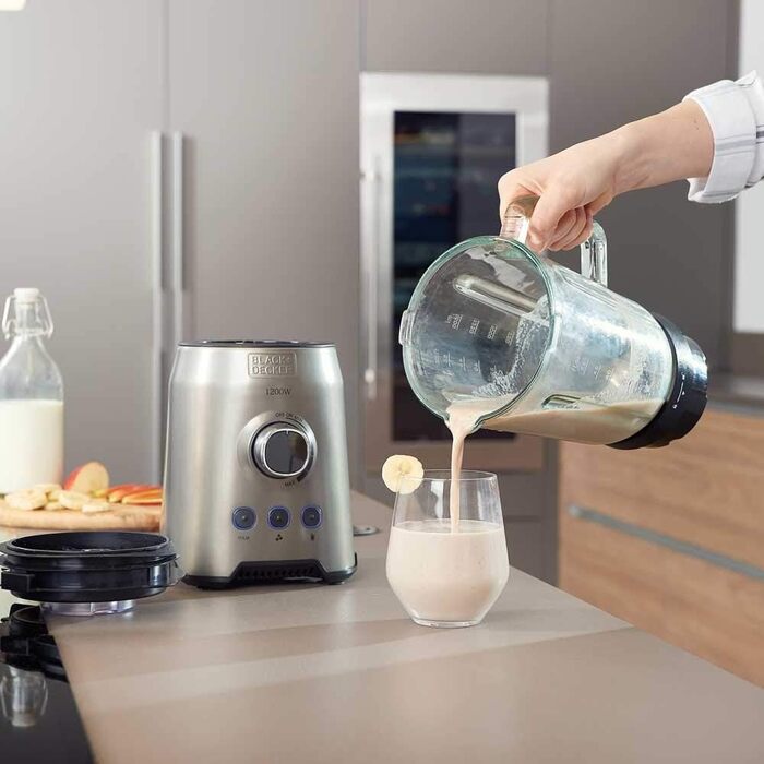 Стаціонарний блендер BLACK+DECKER BXJB1200E, 1200 Вт, 1,5 л, скляний глечик, 6 знімних лез із нержавіючої сталі, функції пульсації та колки льоду, придатний для миття в посудомийній машині