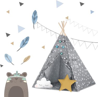 НЮКІДО Палатка для іграшок Tipi з бавовни та дерев'яним каркасом, сіра з зірками, 120x120x165 см