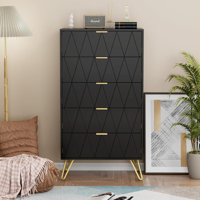 Комод UEV з 5 висувними ящиками, 60x34x110 см, сучасний чорний шафа для зберігання, тумба у вітальню, спальню чи коридор