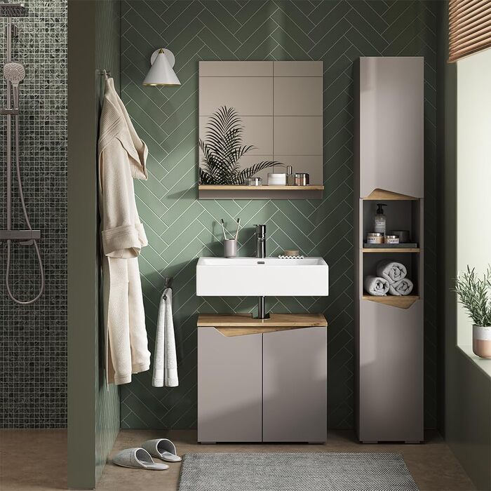 Висока шафа для ванної Vicco Marelle, грейж/дуб Артизан, 30x180 см, з дверцятами та відкритими полицями