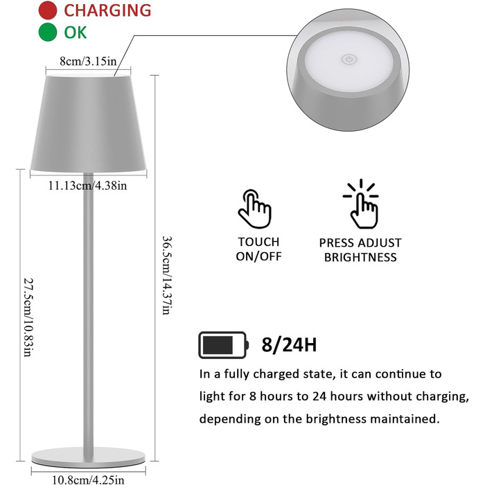LED-лампа K-Bright 2 шт. з регулюванням яскравості, акумуляторна, бездротова, 3000K/4000K/6000K, 3 колірні температури, USB-C, IP54, пісочно-сірий колір
