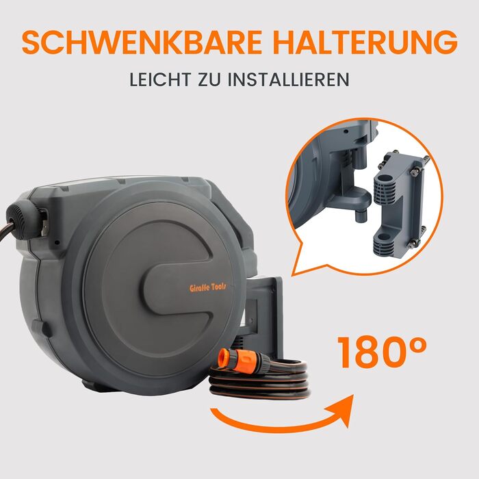 Коробка для шланга Giraffe Tools Wandmontierte з автоматичним підйомом, 2м, 180° поворотна, 7 насадок, шланг 30м