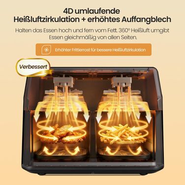 Аерофритюрниця LLIVEKIT 9L з двома камерами (2x4.5L), 8 програм, 4D конвекція, функція Sync-Finish, енергоощадна, PFOA-free, чорна