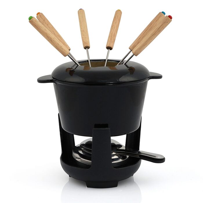 Набір для фондю BBQ-Toro з чавунного казана на 6 осіб, 1 л, 13 предметів (з пальником та вилками) для сиру, м'яса та шоколаду, чорний емальований