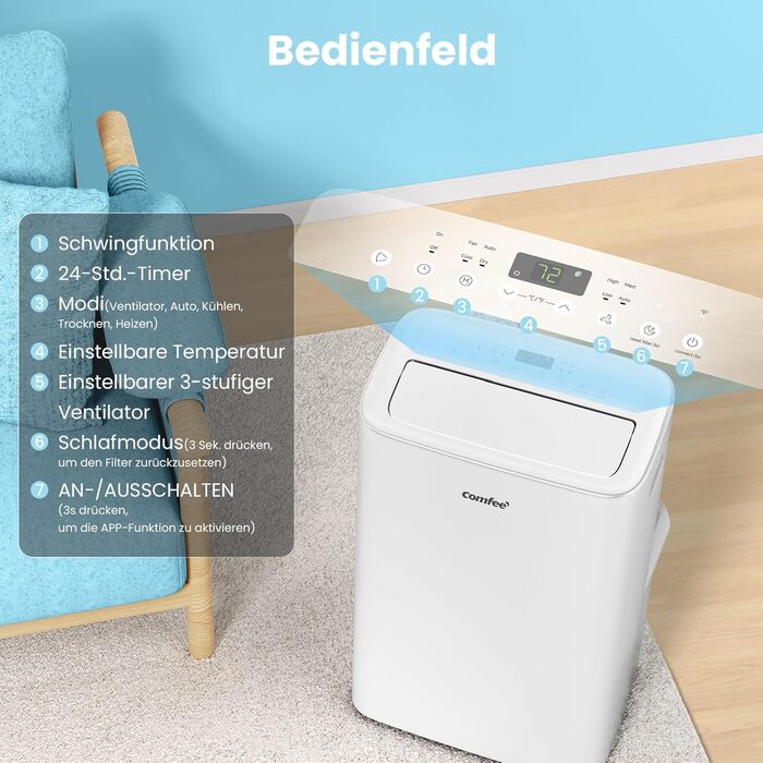 Мобільний кондиціонер Comfee Breezy Cool Pro 2.0 7000 BTU/2.0kW з Wi-Fi, охолодження, вентиляція, осушення - до 68 м³