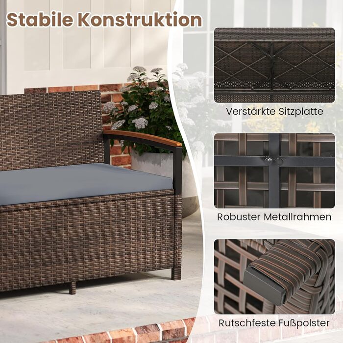Лавка садова Costway з ротангу Polyrattan, з ящиком для зберігання, 2-місна, сіра (120x61x84 см) для балкона, тераси, саду з подушками
