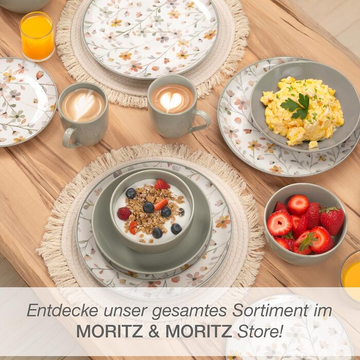 Набір посуду Moritz & Moritz PRIMAVERA Steingut для 12 осіб (48 шт.) - сучасний сервіз з іграшковим дизайном, легкий у догляді, включає ‎12 мисок, 12 чашок, 12 десертних тарілок, 12 обідніх тарілок