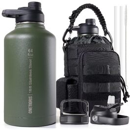 Термос-фляга OneTigris Edelstahl 1.9л (64oz) з чохлом, спортивна фляга для води, 3 кришки для велосипеда, кемпінгу, йоги, спортзалу, полювання, риболовлі - Оливково-зелений