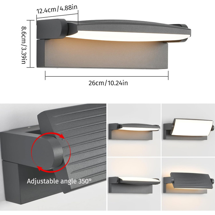Стіна LED-світильник SANSHI 30W зовнішній, водонепроникна лампа IP65 з регулюванням панелі 350°, 3 режими кольору (3000K/4000K/6500K) для саду та тераси, темно-сірий
