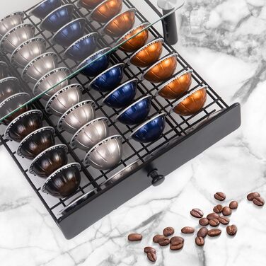 Тримач для капсул Nespresso Vertuo з загартованого скла, органайзер для зберігання 40 капсул VertuoLine (Next & Plus), протиковзаюча шухляда, чорний