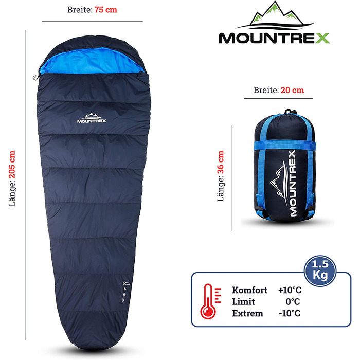 Спальний мішок MOUNTREX мумія 3 сезони, ультралегкий, 1500г, компактний, для кемпінгу та подорожей, синій, лівий замок