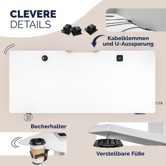 Ергономічний електричний стіл Casaria® 120x60 см з бездротовою зарядкою, USB-C/A, LCD-дисплеєм та пам'яттю (білий)