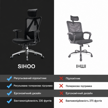 Ергономічне офісне крісло SIHOO ‎‎M18-M148 регульована поперекова підтримка, підголівник і підлокітник, вантажопідйомність до 150 кг