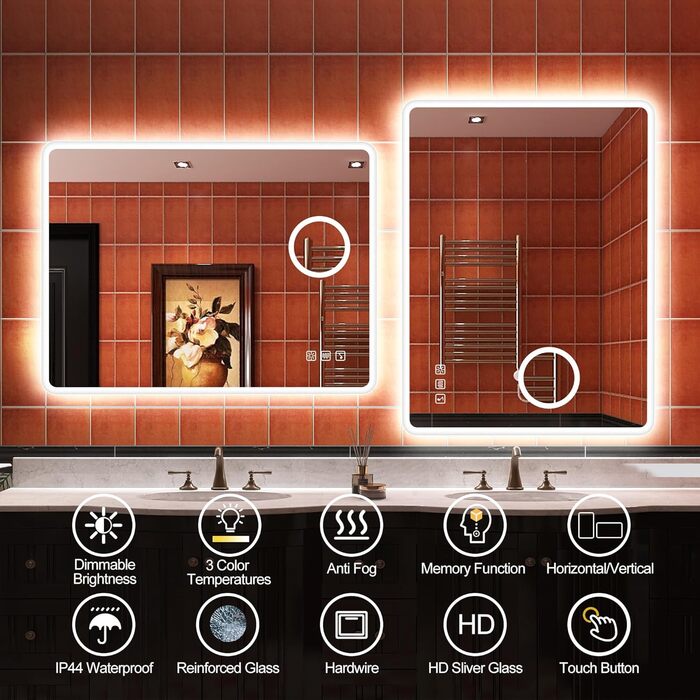 Дзеркало для ванної кімнати S'bagno з підсвічуванням 80x60 см, LED, Bluetooth, 5x збільшення, протитуманне покриття, 3 кольори, регулювання яскравості, пам'ять налаштувань, загартоване скло, IP44, водонепроникність, горизонтальна/вертикальна установка, M6