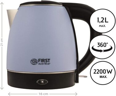 Електрочайник TZS First Austria 1,2 л, 2200 Вт, нерж. сталь, синьо-чорний, 360°, захист від перегріву, фільтр від накипу, бездротовий