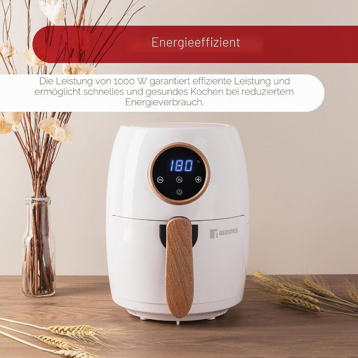 Аерофритюрниця Bergner Naturally AirFryer 2 л, 1000 Вт, антипригарне покриття, таймер, біла