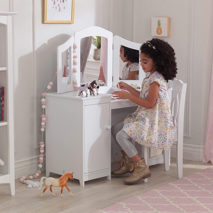 Дитячий туалетний столик KidKraft Deluxe з дзеркалом і стільчиком, білий, дерев'яний, для дітей, з шухлядами, меблі для дитячої кімнати, 13018