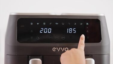 Аерофритюрниця EVVO з подвійним кошиком 8 л, 2800 Вт, безмасляне приготування, антипригарне покриття, 10 програм, Dual-Cyclone технологія, чорна