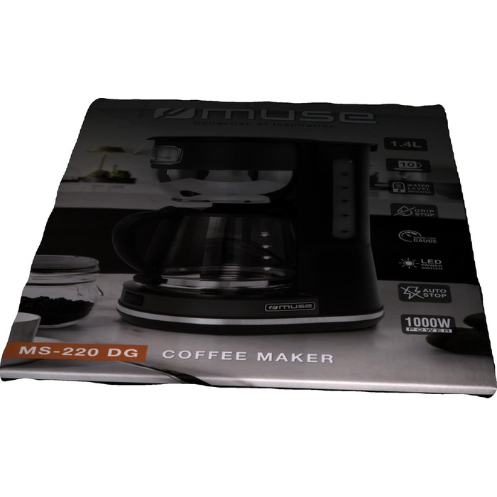 Кавоварка MUSE MS-220 DG з глечиком, 10 чашок, з функцією підігріву, скляна каністра, нержавіюча сталь, сіра