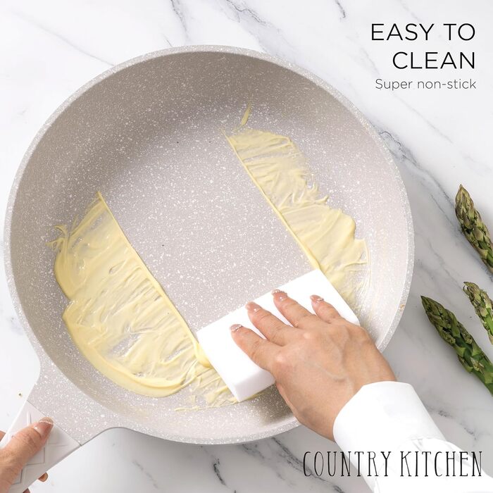Набір посуду індукційного Country Kitchen 13 предметів: каструлі та сковороди з антипригарним алюмінієвим покриттям, бакелітові ручки, скляні кришки (Кремовий ромб, темно-синій)