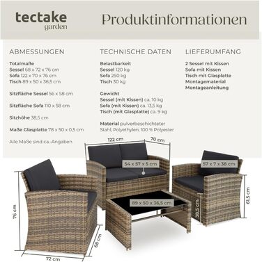 Комплект садових меблів tectake Lounge з поліротангу, 12-елементний набір для саду та балкона, вуличний диван, крісла та стіл на 4 особи, натуральний/темно-сірий, стійкий до погодних умов