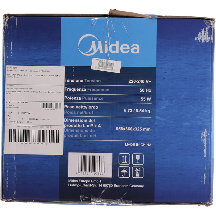Мобільний кондиціонер Midea з водяним охолодженням, іонізацією та зволоженням, з резервуаром для води 5 л, 355 м³/год, без повітроводу, пульт, 55 Вт, білий
