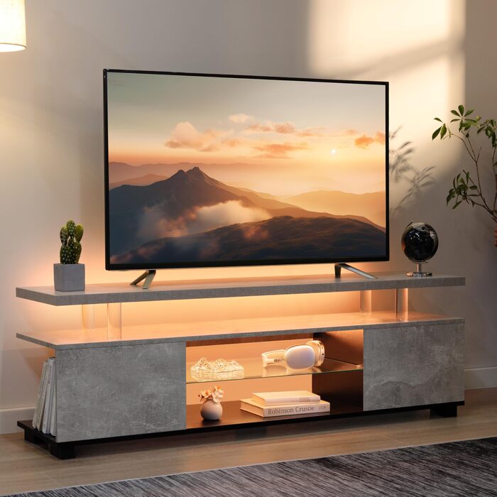 Тумба під телевізор LED 130 см, сучасна TV-тумба з підсвіткою та ящиками, сіра, для телевізора до 60 дюймів