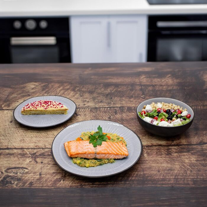 Порцеляновий сервіз із кам'яною оптикою, 18 предметів, сірий – столовий посуд для 6 осіб: 6 десертних тарілок, 6 обідніх тарілок, 6 мисок для мюслі, дизайн під камінь, підходить для посудомийки
