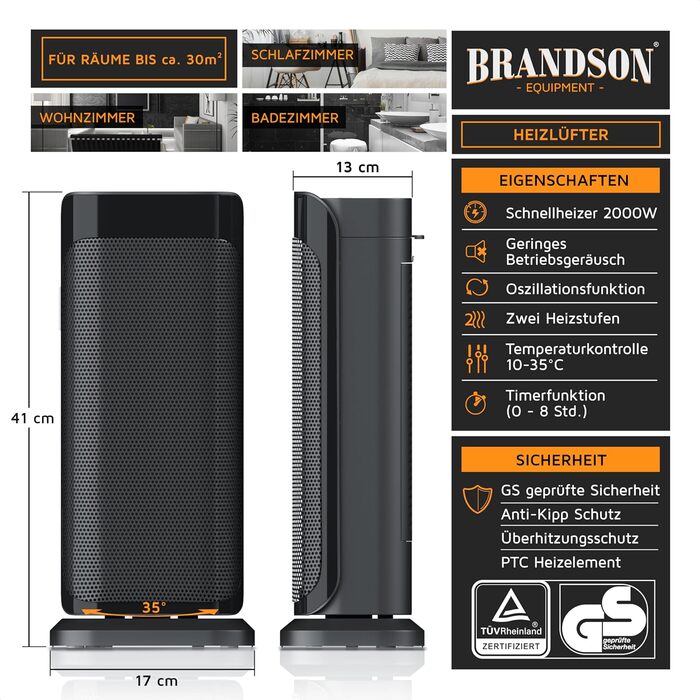 Керамічний обігрівач Brandson 2000W з дистанційним керуванням, тихий, енергозберігаючий, з холодним режимом, двома рівнями потужності та осциляцією, для офісу, вітальні, спальні, чорний