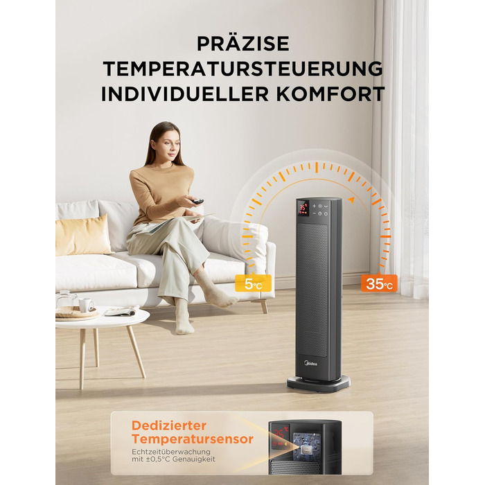 Керамічний обігрівач Midea NTH20-22GR(WH) 2000Вт з пультом, термостатом та таймером на 24г, ECO-режим, осциляція 75°, сірий