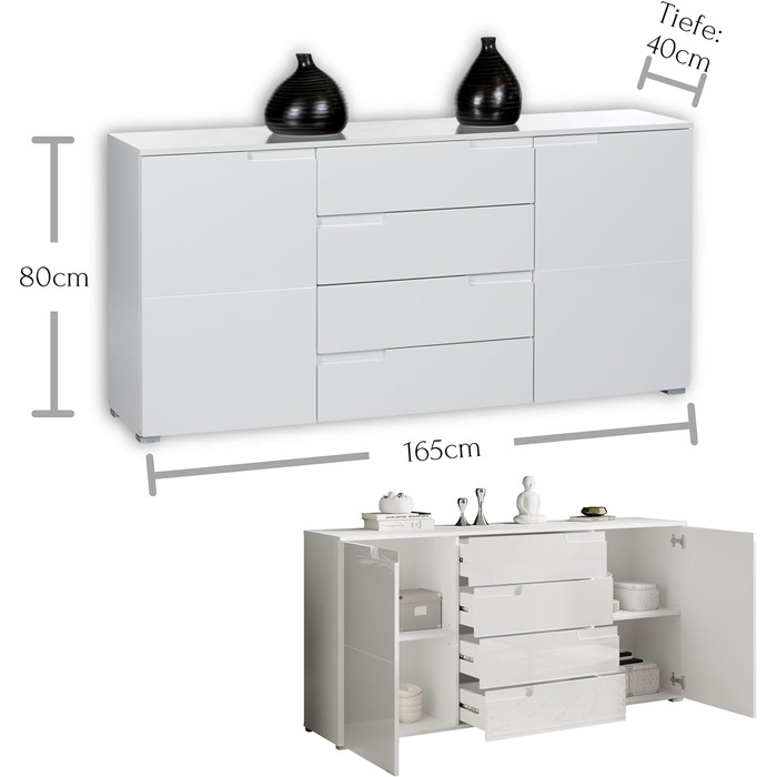Комод Stella Trading SPICE у білому глянці, сучасний, 165x80x40 см, з великим місцем для зберігання для вітальні