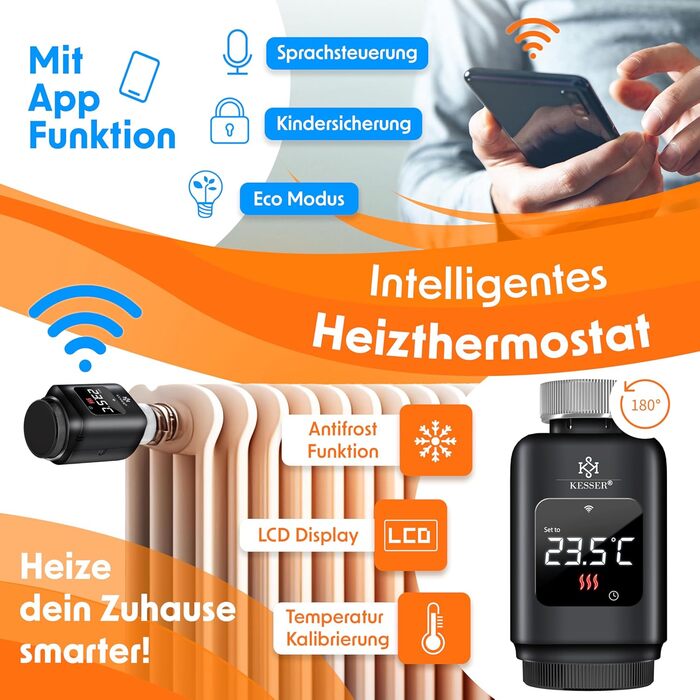 KESSER® WiFi термостат на радіатор опалення з керуванням через додаток Smart Home | Комплект з 6 вентилів | Сумісний з Alexa та Google Assistant | Економія енергії (Чорний)