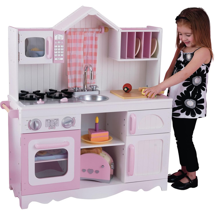 KidKraft Кухня для дітей Modern Country з дерева, рожева та біла, з фіранками, 53222 [Ексклюзив від Amazon]