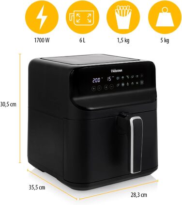 Цифрова аерофритюрниця Tristar 6 л, 1,5 кг, матова чорна, FR-9025, без вікна