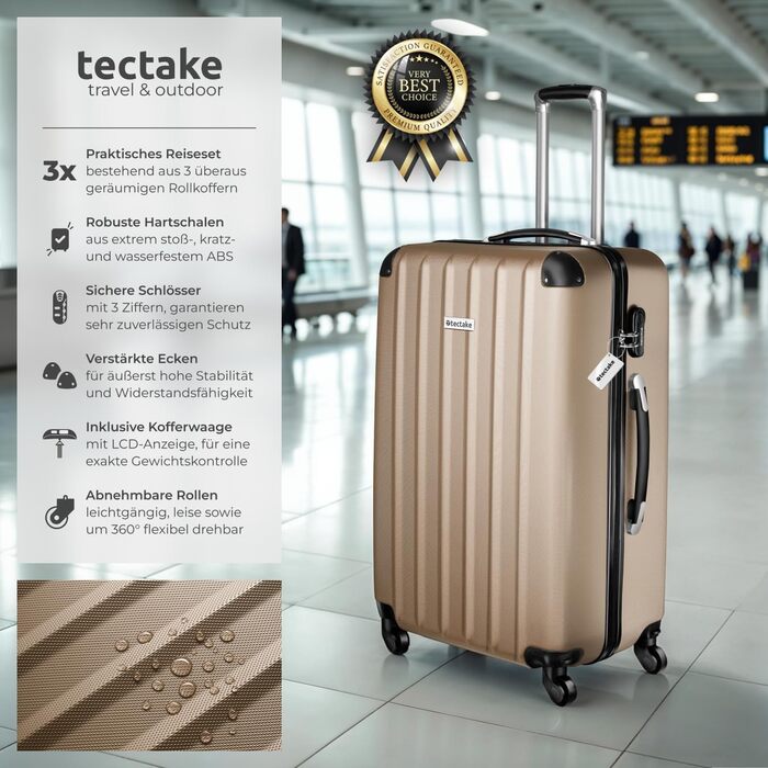 Набір валіз Tectake (M-L-XL) з ваговою та бізнес-ідентифікатором, ABS, телескопічний ручка, коліщата, набір валіз для подорожей, колір шампань