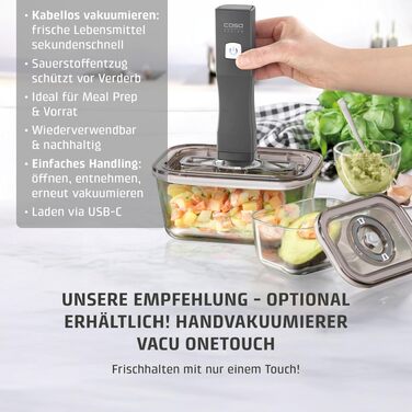 Вакууматор CASO Vacu OneTouch Eco-Set: бездротовий ручний вакууматор, 3 скляних контейнери, 10 ZIP-пакетів та стікери Food Manager, акумуляторний, чорний