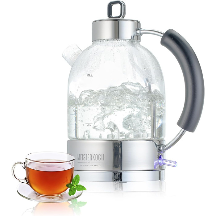 Електричний скляний чайник Meisterkoch WK-161G, 1,6 л, з фільтром від накипу, індикатором рівня води, захистом від перегріву, автоматичним вимкненням, 2200 Вт, BPA Free
