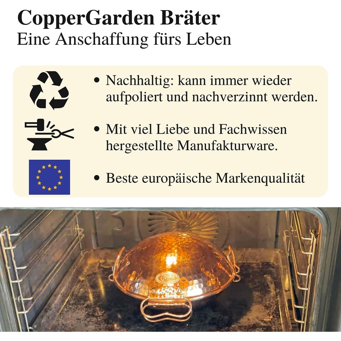 Мідний казан-катаплана CopperGarden® 18 см, ручне лудіння, португальський, для газу, вогню, гриля та духовки, ідеальна теплопровідність, молоткова обробка