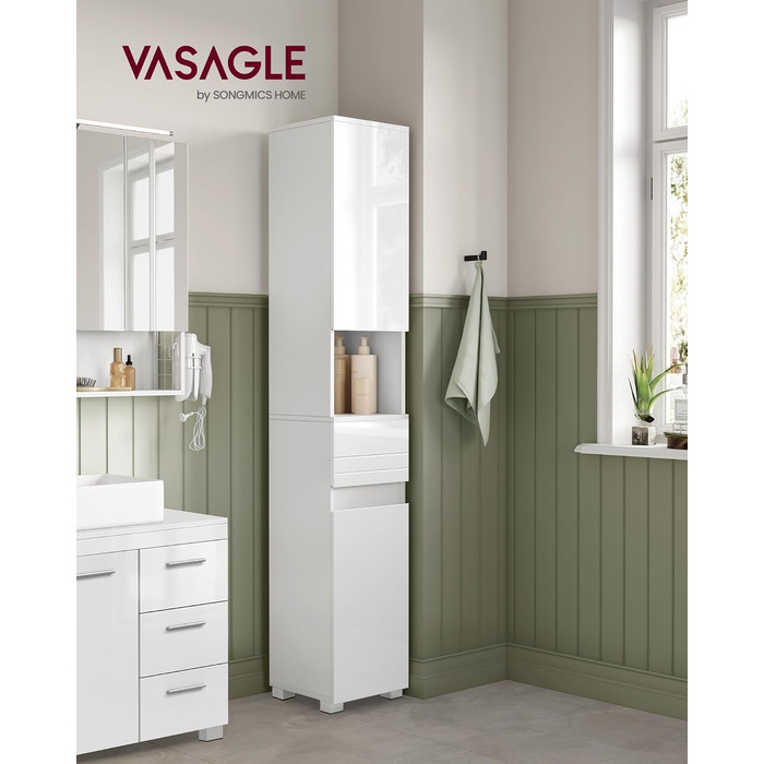 VASAGLE Шафа для ванної кімнати, класичний білий, з висувною шухлядою, відкритою полицею та регульованими полицями, 30x30x170 см, меблі для ванної
