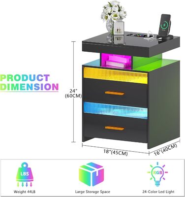 Нічний столик Lvifur з LED-підсвічуванням, сенсором руху та USB/Type-C зарядкою, 2 шухляди, бездротова зарядка, 3 кольори, регулювання яскравості, чорний