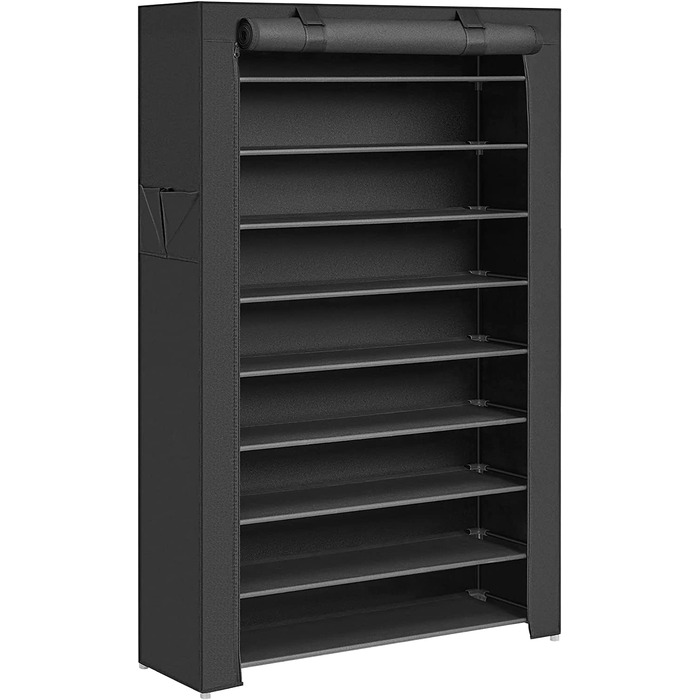 SONGMICS металевий стелаж для взуття на 10 рівнів, 28x88x160 см, з пилозахисним чохлом, органайзер для взуття, для підборів і спортивного взуття, чорний