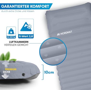 Самонадувний кемпінговий килимок NORDMUT з вбудованим насосом, 10 см, сірий — комфортний туристичний матрац для кемпінгу та outdoor