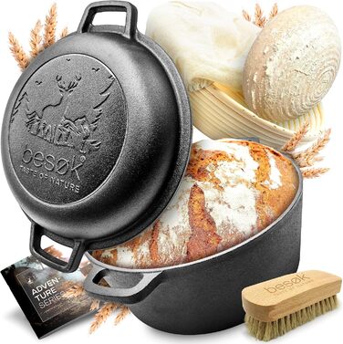 Набір Brottopf Set: чавунний ковш для випікання хліба (26 см, 4.7 л) з корзиною для підйому тіста, щіткою та рецептами. Індукційне дно, з кришкою.