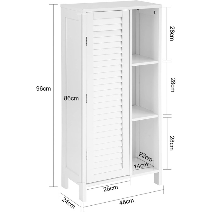 Шафа для ванної SoBuy BZR39-W з ламельними дверцятами, біла, 48x96x24 см – високий комод для зберігання, ванна кімната, меблі для ванної