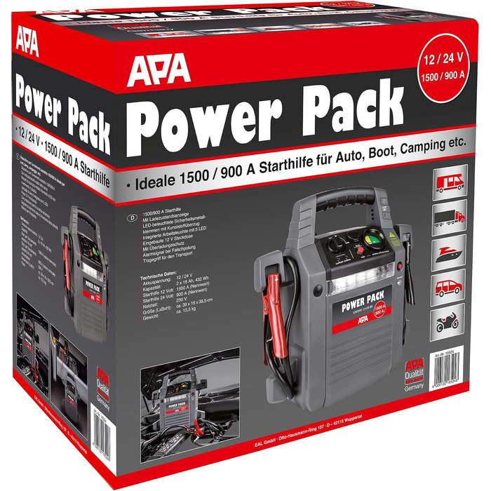 Пусковий пристрій APA 16524 Power Pack 12/24V, бустер для авто 900A, літій-іонний акумулятор, сірий